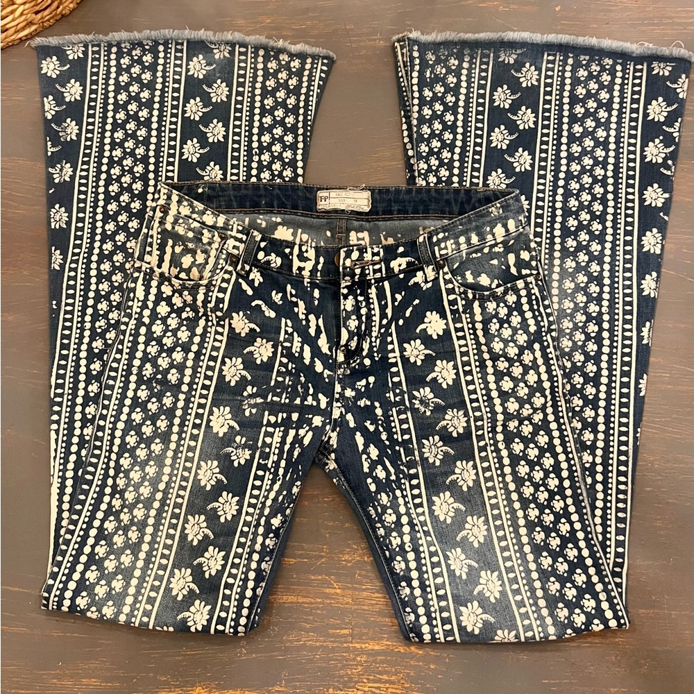 Free People Indigo Blue Patterned Flare Jeans - Picture 3 of 12